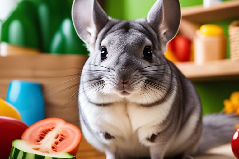 A close-up of a chinchilla in front of sliced vegetables and colorful toys, giving a curious look. The image shows the chinchilla’s grey and white fur, large ears and eyes, and white underbelly.