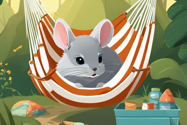 A cute grey chinchilla with large ears is comfortably nestled in a striped orange and white hammock, surrounded by lush greenery and a picnic setup.