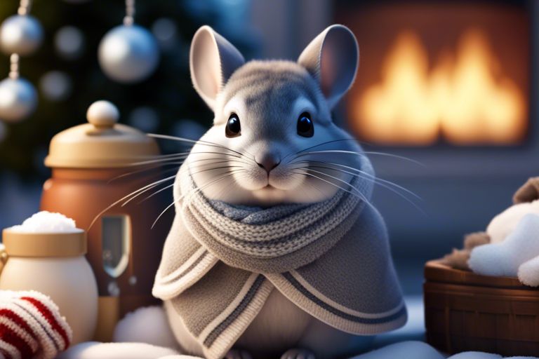 A cozy and warm scene featuring a cute, animated chinchilla wearing a snug scarf, surrounded by holiday decorations and a glowing fireplace in the background. The chinchilla has large eyes and ears, giving it an adorable appearance. The image conveys a sense of warmth and holiday cheer.