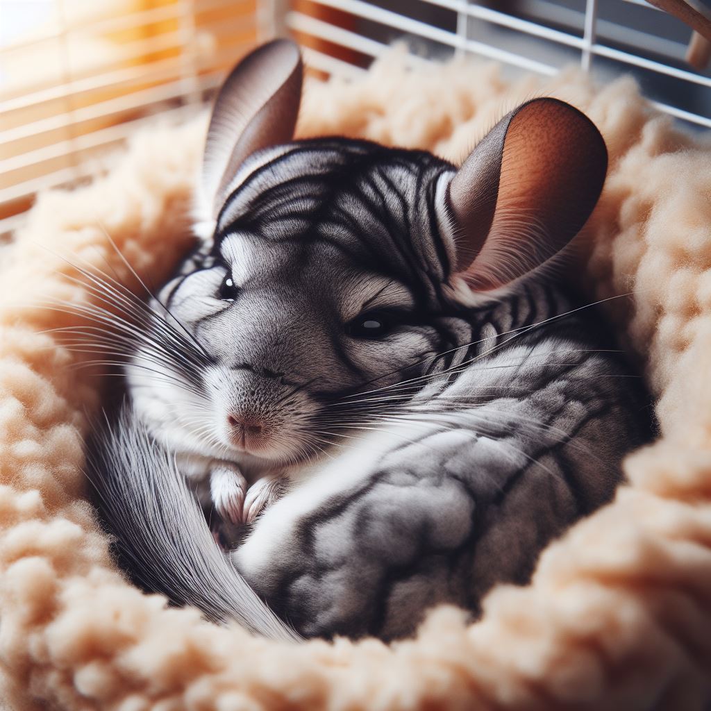 A close-up image of a chinchilla resting in a fluffy bed, showcasing its large ears, soft fur, and whiskers.