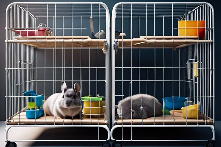A spacious double cage housing two chinchillas, each with their own space, equipped with wooden shelves and colorful bowls for food and water. One chinchilla is grey and the other is a lighter color. They look healthy and comfortable in their environment.