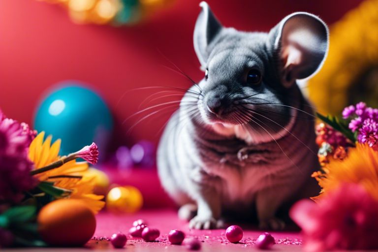 A curious chinchilla sits amidst a colorful backdrop of vibrant, illuminated balls, casting an enchanting glow that highlights its intricate fur details and expressive eyes. The image shows the chinchilla’s large ears and attentive posture, and the contrast between its grey color and the multicolored lights.