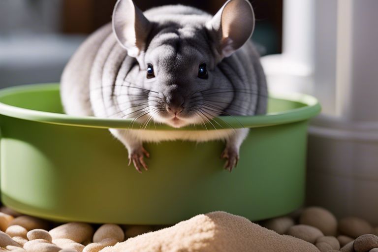 A curious chinchilla peeks over the edge of a green bowl, its large ears and bright eyes highlighted by the sunlight filtering through a nearby window.