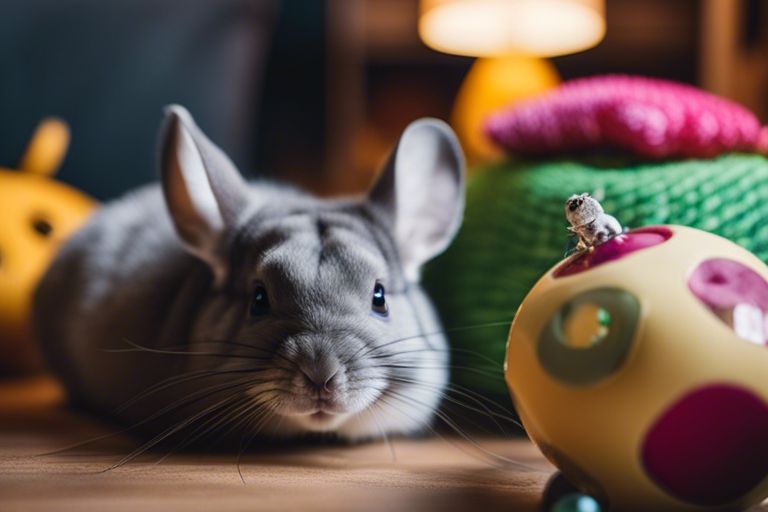 A curious grey chinchilla on a wooden floor, exploring colorful toys including a yellow toy with red spots and a green knitted item.