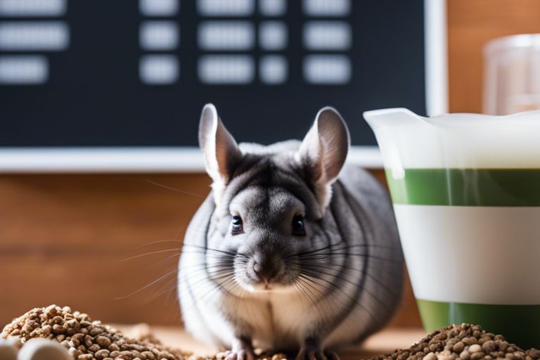 A curious chinchilla surrounded by nuts and a bowl of milk on a wooden surface with a window in the background.