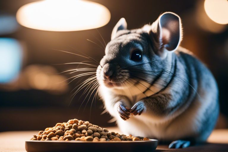 A curious chinchilla examining a pile of food pellets on a wooden surface with soft lighting in the background.