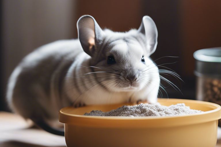 A photo of a chinchilla enjoying a dust bath in a yellow bowl, with a container of food in the background. The image shows the chinchilla’s soft grey fur, large ears, and curious expression.