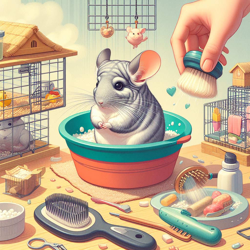An illustration of a chubby chinchilla bathing in a wooden tub filled with white foam, holding a brush, with another chinchilla watching from inside a cage. The image shows the chinchilla’s fur detail and cute expression, and the contrast between its grey color and the colorful surroundings.