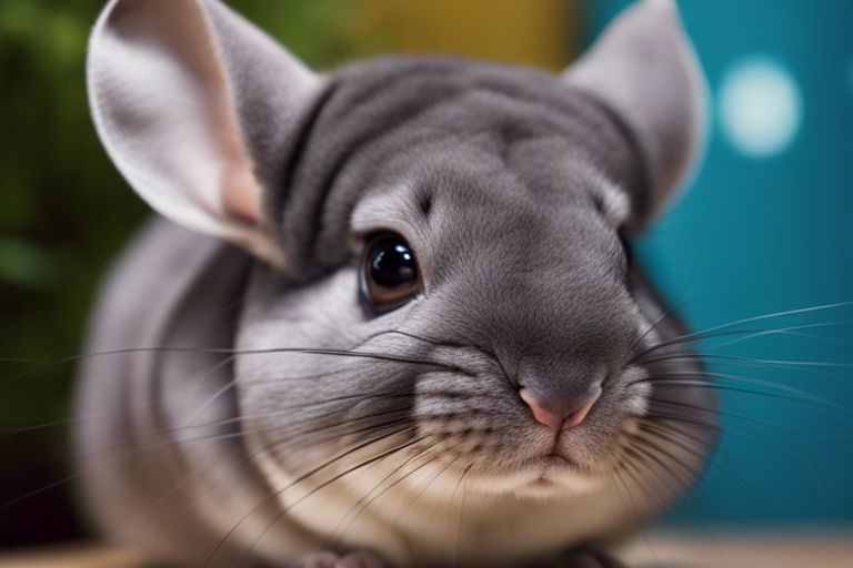 A close-up image of a grey chinchilla with large ears and black eyes, set against a blurred background of greenery and blue tones.