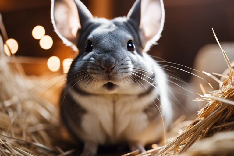 A close-up of a chinchilla with large ears and bright eyes, nestled in a bed of straw, with soft lighting illuminating the background.