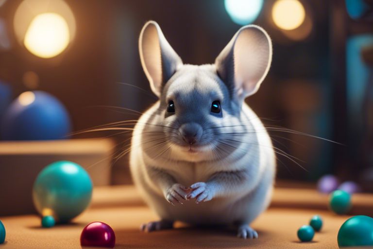 A cute, animated chinchilla with large ears and eyes is surrounded by colorful balls of various sizes, illuminated by soft lighting in the background.
