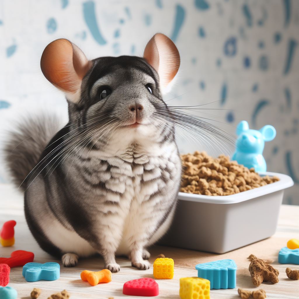 A happy chinchilla sitting next to a clean litter box filled with fresh bedding, surrounded by colorful chew toys and treats. The chinchilla has a content expression, showcasing the success of litter training.