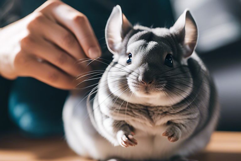 A person’s hand gently petting a grey chinchilla, with large round ears and black eyes, indoors.