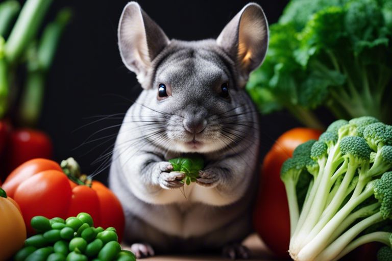 A chinchilla holding a small piece of broccoli between its paws, surrounded by an assortment of fresh vegetables on a dark background.