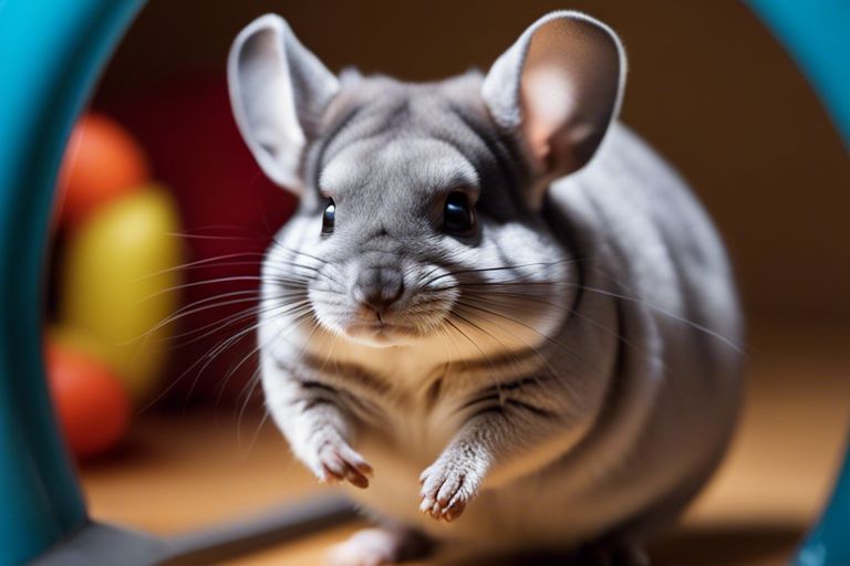 A grey chinchilla with large ears and dark eyes, standing on a wooden surface indoors.