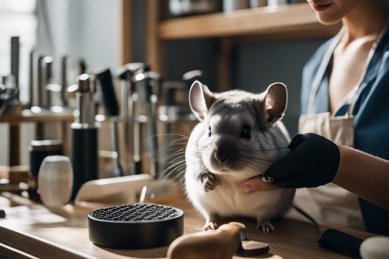 A close-up image of a grey chinchilla sitting on a wooden surface, with its large ears and dark eyes prominently displayed, indoors.