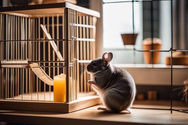 A curious chinchilla sits beside its open cage, illuminated by the soft glow of a nearby candle, in a room with potted plants visible through the window. The chinchilla has grey and white fur, large ears, and bright eyes. The image conveys a sense of warmth and coziness.