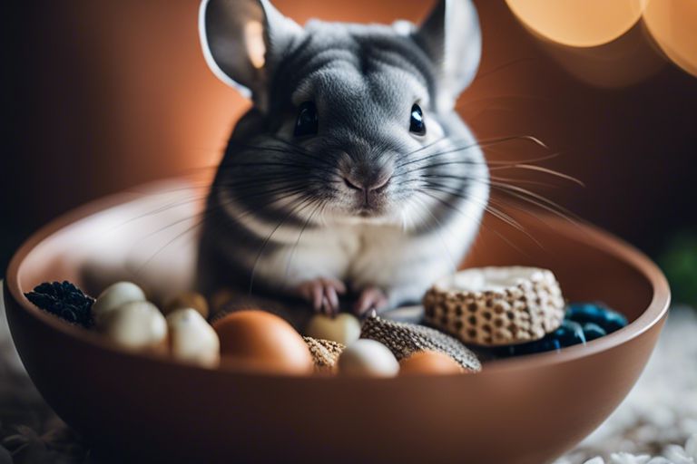 A charming chinchilla sits snugly in a bowl filled with a variety of nuts and seeds, bathed in soft lighting that enhances the cozy ambiance of the setting.
