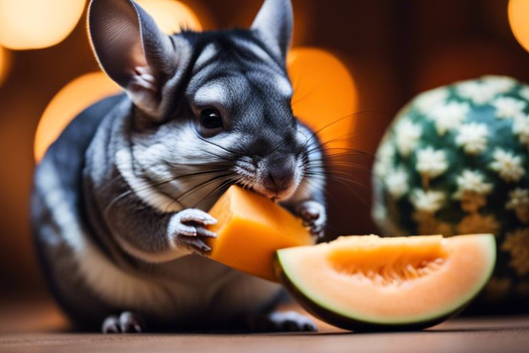 A curious chinchilla nibbling on a juicy slice of cantaloupe, with soft, warm lighting enhancing the cozy atmosphere and additional fruit blurred in the background.
