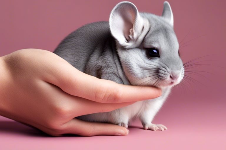 A small grey chinchilla with large, round ears and black eyes, being gently held in a person’s hand against a soft pink background.