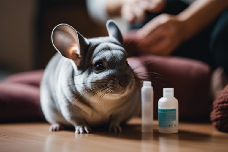A curious chinchilla is closely inspecting two small bottles, possibly containing pet care products, while a person sits nearby on a cushioned surface.