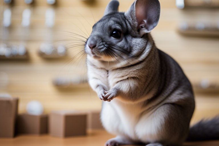 A curious chinchilla sits upright, its large ears and expressive eyes attentive, amidst a backdrop of wooden shelves adorned with various items.