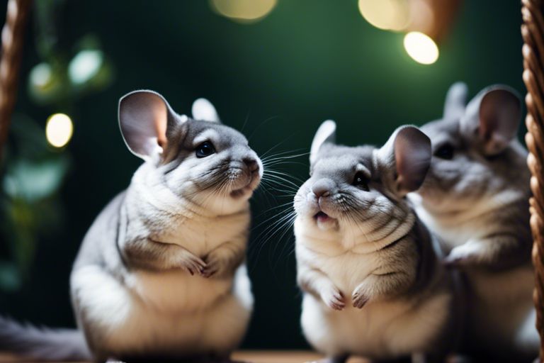 Two chinchillas engaging with each other, one cozily nestled inside a hanging basket and the other perched outside, set against a serene dark green backdrop with soft lighting.