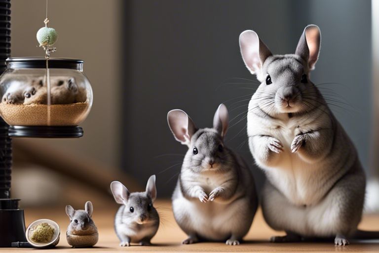 A quartet of chinchillas of various sizes sits together, with a glass container filled with a brown substance and small bowls nearby, creating a scene of domestic harmony.