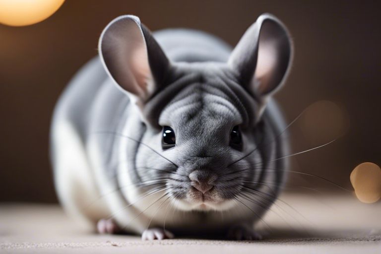 A close-up of a chinchilla with large ears and whiskers, engaging with the viewer as it looks directly at the camera, set against a soft-focus background with warm lighting.