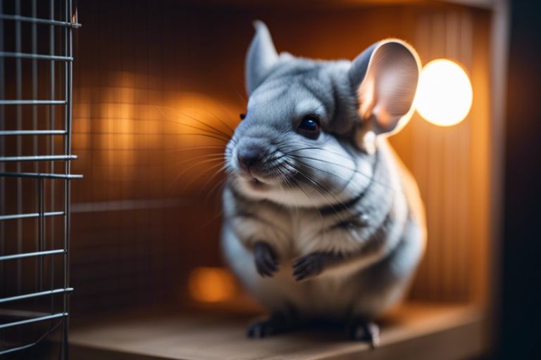 A curious grey and white chinchilla with large ears standing inside a cage, illuminated by soft lighting.
