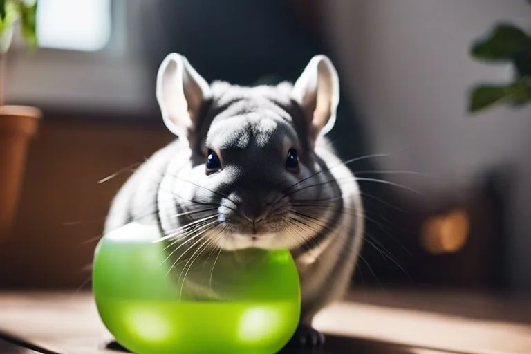 A chinchilla sits nestled in a soft, textured blanket with a warm, blurred background of glowing lights creating a cozy atmosphere.