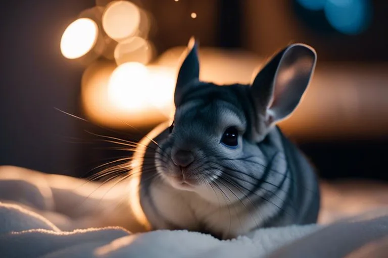A chinchilla resting in a cream-colored hammock with its ears perked up, set against a softly blurred background of a room with natural light filtering through a window.