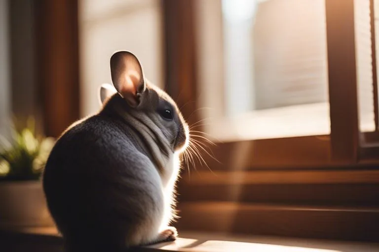 A chubby chinchilla sits on a wooden surface, bathed in warm sunlight from a nearby window, with its back turned to the camera and head slightly turned showing its profile.