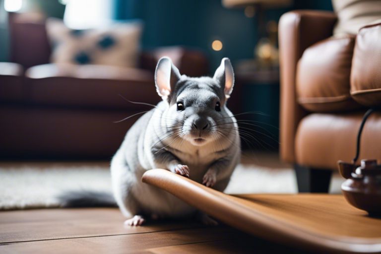A chinchilla on a polished wooden floor, facing the camera, with its front paws resting on a wooden table leg. The background features a cozy living room setting with soft lighting, leather furniture, and decorative items.