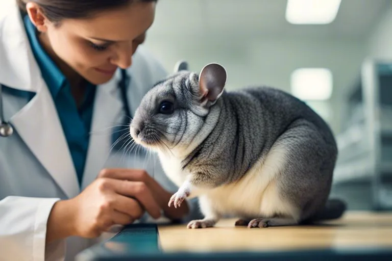 A veterinarian gently inspecting a chinchilla with large ears and expressive eyes. Soft indoor lighting creates a cozy atmosphere.