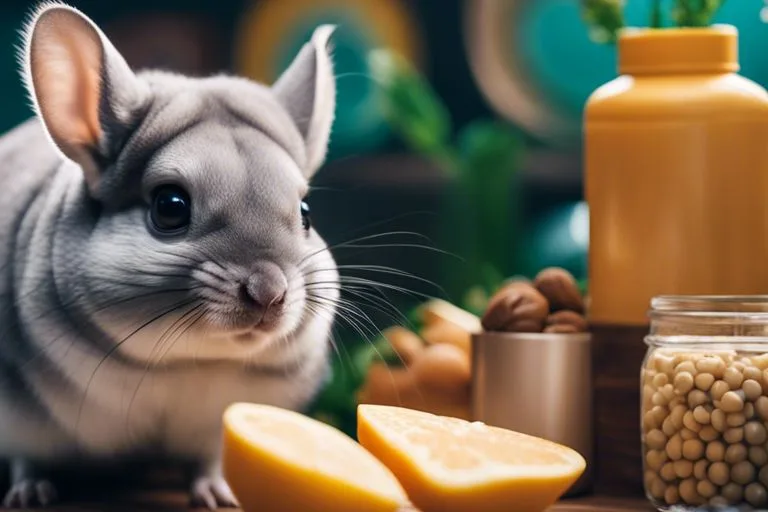 Close-up view of a chinchilla with detailed fur texture and alert expression, positioned next to slices of cheese, with a jar of almonds and a bottle with an indistinct label in the background.