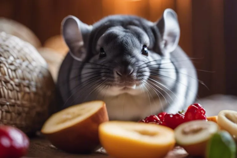 A chinchilla sits inside a peach-colored bowl, its large ears and wide, reflective eyes capturing attention as warm light enhances its soft gray fur and delicate whiskers.