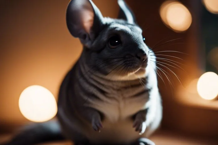 Close-up of a chinchilla facing the camera with large, rounded ears and long whiskers. The background is softly blurred, highlighting the chinchilla’s features in natural lighting.
