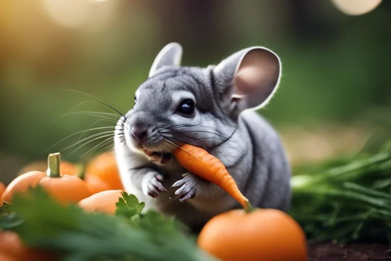 A chinchilla nibbling on a carrot among several carrots on the ground with a blurred green background.