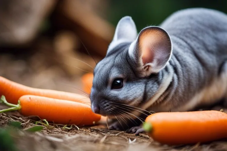 A close-up of a grey chinchilla with large ears and whiskers, surrounded by carrots on a bed of hay.